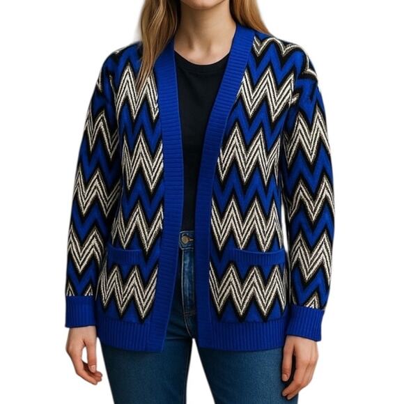 Allison Brittney Chevron Grandpa Open Front Vintage Cardigan Size Large - Picture 1 of 15